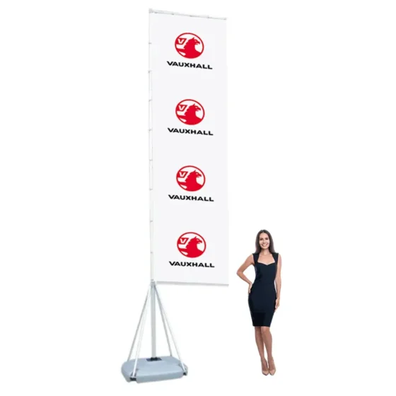 heavy duty, vauxhall branded event flag with woman stood next to it for scale
