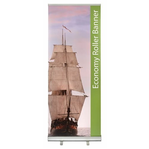 Economy pull up roller banner with large ship graphic