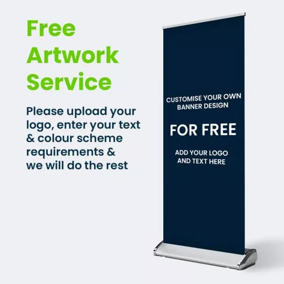 Image showing text on left stating 'Free Artwork Service' on this product and example of Premium Exam Banner stand on right with 'Custom' Template Design